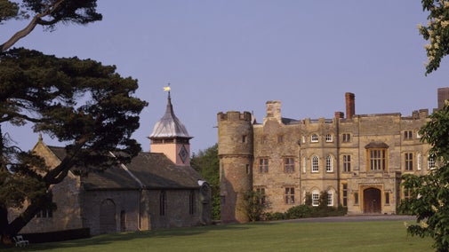 A view of the front of Croft Castle and St Michael and All Angels church (to the left). There is a tall tree and and some white flowered foliage in the foreground on the front lawn.